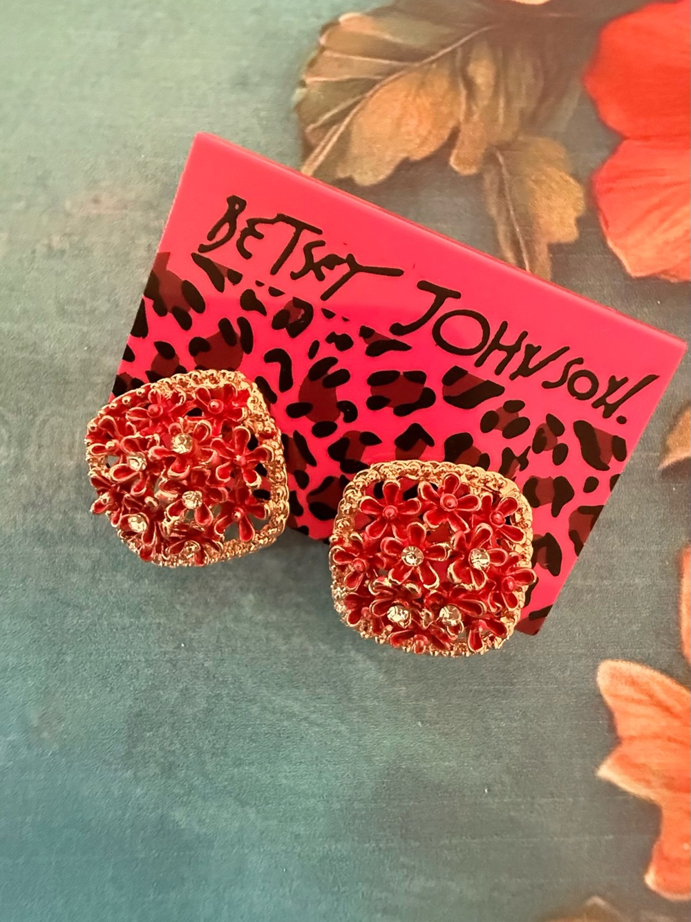 Betsey Johnson Red Floral Cluster Gold-Trim Earrings